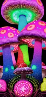 Vibrant psychedelic mushroom art with neon colors on a black background.