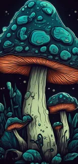 Vibrant mushroom illustration with teal and orange colors.