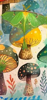 Vibrant mushrooms and green moth wallpaper art.