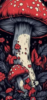 Vibrant red and white mushroom art wallpaper with dark background.