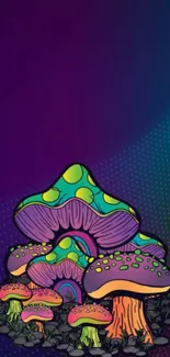 Vibrant digital wallpaper featuring colorful mushrooms on a purple background.