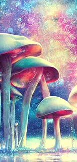 Colorful fantasy wallpaper with glowing mushrooms.