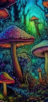 Vibrant fantasy mushroom forest wallpaper with colorful, intricate details.