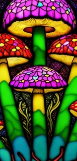 Colorful fantasy mushrooms in a vibrant and psychedelic art design.