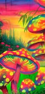 Colorful and psychedelic mushroom art wallpaper with vibrant, surreal scenery.