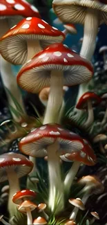 Red toadstools in a fantasy forest art scene.