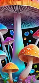 Colorful glowing mushrooms in fantasy art.
