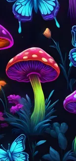 Vibrant fantasy art wallpaper with glowing mushrooms and butterflies.