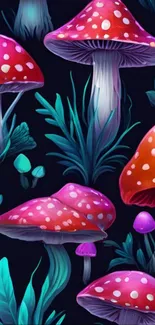 Vibrant mushrooms and lush foliage in fantasy art wallpaper