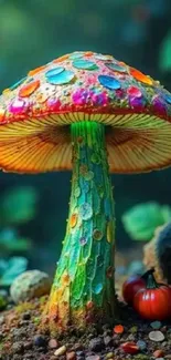 Vibrant and colorful mushroom art in a lush forest setting.
