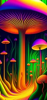 Neon-themed vibrant mushroom fantasy art wallpaper with glowing colors.