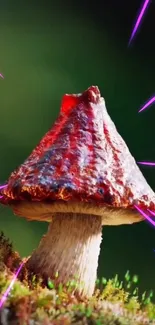 A vibrant mushroom with neon purple accents on a mossy background.