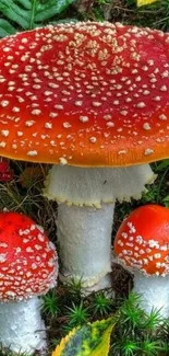 Colorful red mushrooms in a lush forest setting.
