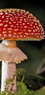 Close-up of a vibrant red and white mushroom in a green forest setting.