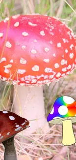 Vibrant red mushroom with nature background.