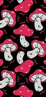 Colorful mushroom pattern design with red caps on a black background.