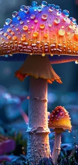 Vibrant mushroom with raindrops against a mystical background.