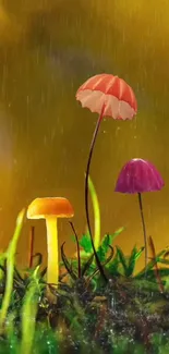 Colorful mushrooms in a dewy forest scene with a golden yellow background.