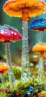 Colorful mushrooms with dew in a forest