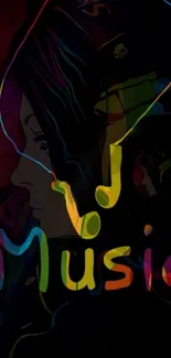 Artistic music wallpaper with colorful notes and black background.