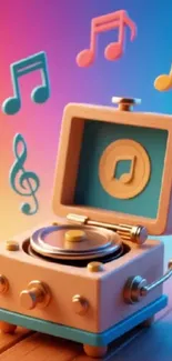 3D music box with colorful floating notes.