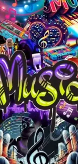 Vibrant music collage wallpaper with colorful notes and instruments.