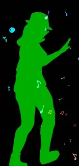 Green dancing silhouette with colorful musical notes on black background.