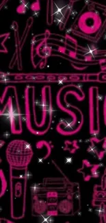 Neon pink music-themed doodles on a black background wallpaper.