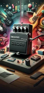 Colorful guitar pedal and instruments art wallpaper.