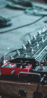 Guitar pedals and cables on stage with a musician's foot in view.