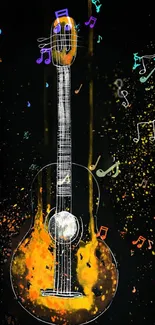 Artistic guitar with colorful notes on black background.