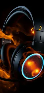 Fiery headphones with musical notes on black background.