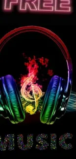 Colorful headphones with treble clef on black background, free music wallpaper.