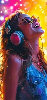 Woman enjoying music with headphones and colorful background.