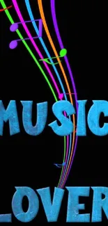 Colorful music lover wallpaper with vibrant notes and text.