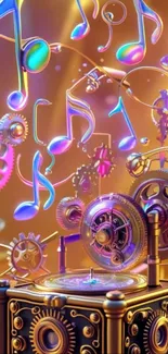 Colorful music-themed art with notes and gears