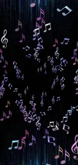 Vibrant music notes spiral on black background.