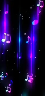 Colorful glowing music notes on dark background.