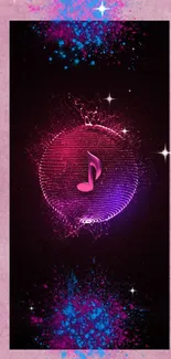 Vibrant neon music note wallpaper with a pink and blue theme.