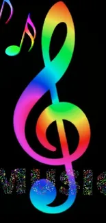 Colorful treble clef with music notes on black background.