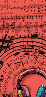 Colorful music notes and headphones wallpaper in vibrant coral.