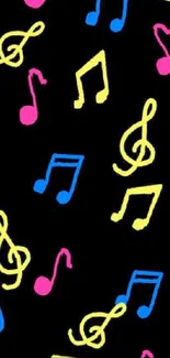 Colorful musical notes on a black background.