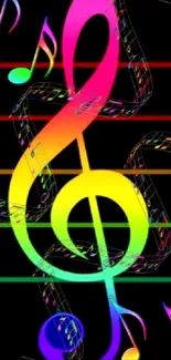 Vibrant colorful music notes on black wallpaper.