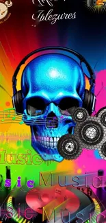 Colorful wallpaper featuring a blue skull with headphones and DJ turntables.