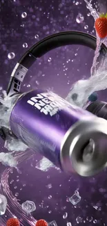 Purple wallpaper with headphones and soda can splash.