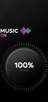 Vibrant music-themed wallpaper with 100% volume dial on black background.