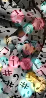 Vibrant musical notes over artistic grayscale form.