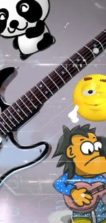 Cartoon wallpaper with guitar, panda, and emoji.