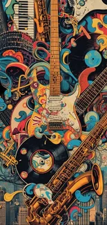 Vibrant musical collage with guitars and records.