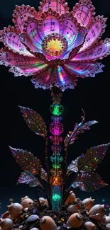 Colorful flower with musical notes on dark background
